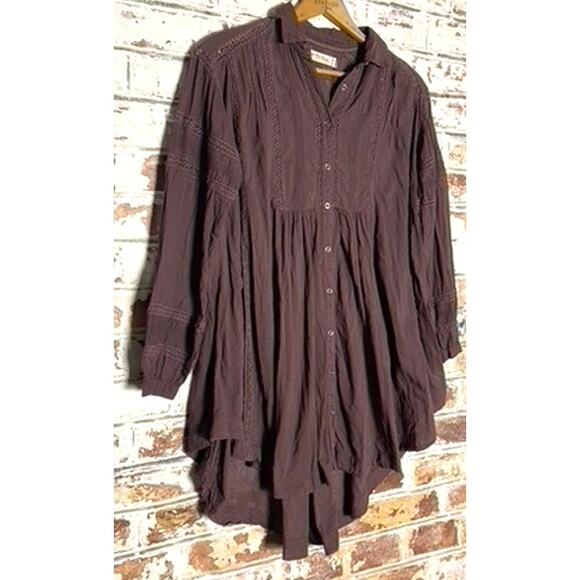Free People Victorian Buttondown Pure Cotton Lace Detail Oversized Tunic Top - Picture 2 of 11